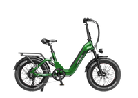 Heybike Ranger 3.0 Pro folding fat-tire electric bike with 750W rated rear-hub motor, KENDA 20 by 4 inch fat tires with puncture protection, hydraulic disc brakes, Shimano Altus 8-speed gearing, hydroformed aluminum folding frame, hydraulic front suspension, TFT color display, NFC Tap & Go unlocking, integrated turn signals, available in Ruby Red, Sapphire Blue, or Emerald Green