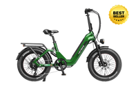 Heybike Ranger 3.0 Pro folding fat-tire electric bike with 750W rated rear-hub motor, KENDA 20 by 4 inch fat tires with puncture protection, hydraulic disc brakes, Shimano Altus 8-speed gearing, hydroformed aluminum folding frame, hydraulic front suspension, TFT color display, NFC Tap & Go unlocking, integrated turn signals, available in Ruby Red, Sapphire Blue, or Emerald Green
