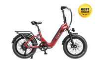 Heybike Ranger 3.0 Pro folding fat-tire electric bike with 750W rated rear-hub motor, KENDA 20 by 4 inch fat tires with puncture protection, hydraulic disc brakes, Shimano Altus 8-speed gearing, hydroformed aluminum folding frame, hydraulic front suspension, TFT color display, NFC Tap & Go unlocking, integrated turn signals, available in Ruby Red, Sapphire Blue, or Emerald Green