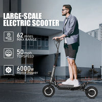 Rider standing on black Freeboy J30 MAX electric scooter in an urban outdoor setting