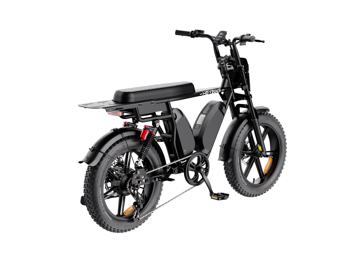 Heybike Saturn moped-style commuter e-bike: 52V 1000W continuous / 1800W peak hub motor, 95 Nm torque, single or dual-battery configuration, hydraulic disc brakes, full suspension with 140 mm front travel, turn signals, TFT color display, UL 2849 certified