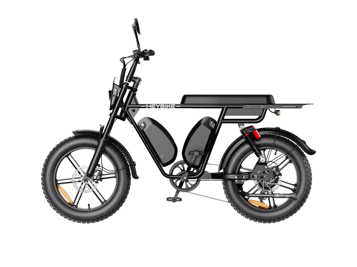 Heybike Saturn moped-style commuter e-bike: 52V 1000W continuous / 1800W peak hub motor, 95 Nm torque, single or dual-battery configuration, hydraulic disc brakes, full suspension with 140 mm front travel, turn signals, TFT color display, UL 2849 certified