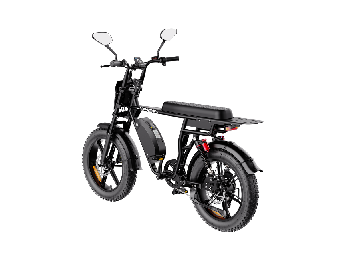 Heybike Saturn moped-style commuter e-bike: 52V 1000W continuous / 1800W peak hub motor, 95 Nm torque, single or dual-battery configuration, hydraulic disc brakes, full suspension with 140 mm front travel, turn signals, TFT color display, UL 2849 certified