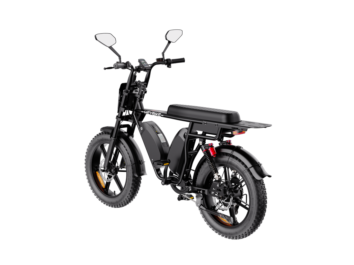 Heybike Saturn moped-style commuter e-bike: 52V 1000W continuous / 1800W peak hub motor, 95 Nm torque, single or dual-battery configuration, hydraulic disc brakes, full suspension with 140 mm front travel, turn signals, TFT color display, UL 2849 certified