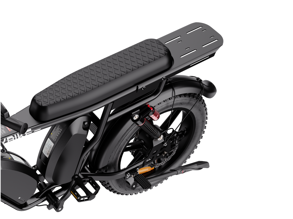 Heybike Saturn moped-style commuter e-bike: 52V 1000W continuous / 1800W peak hub motor, 95 Nm torque, single or dual-battery configuration, hydraulic disc brakes, full suspension with 140 mm front travel, turn signals, TFT color display, UL 2849 certified