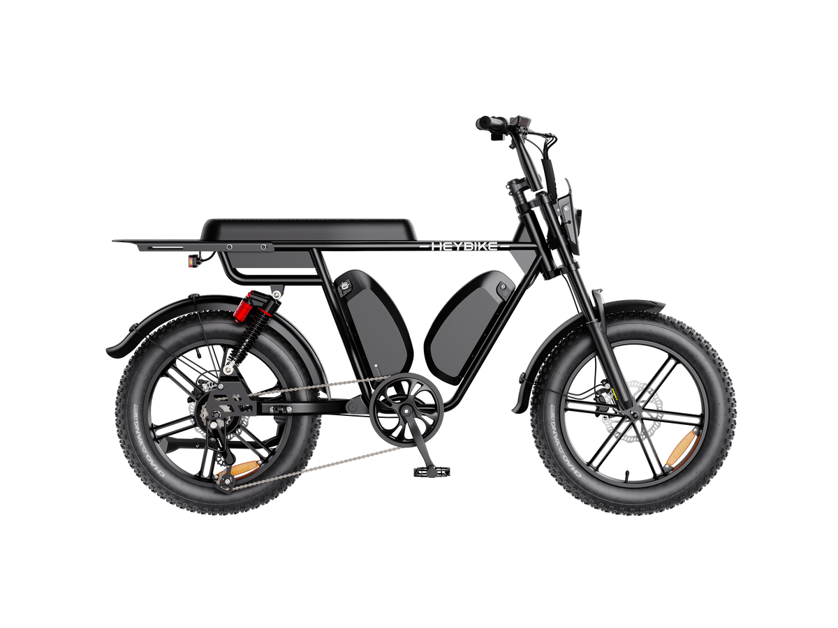 Heybike Saturn moped-style commuter e-bike: 52V 1000W continuous / 1800W peak hub motor, 95 Nm torque, single or dual-battery configuration, hydraulic disc brakes, full suspension with 140 mm front travel, turn signals, TFT color display, UL 2849 certified