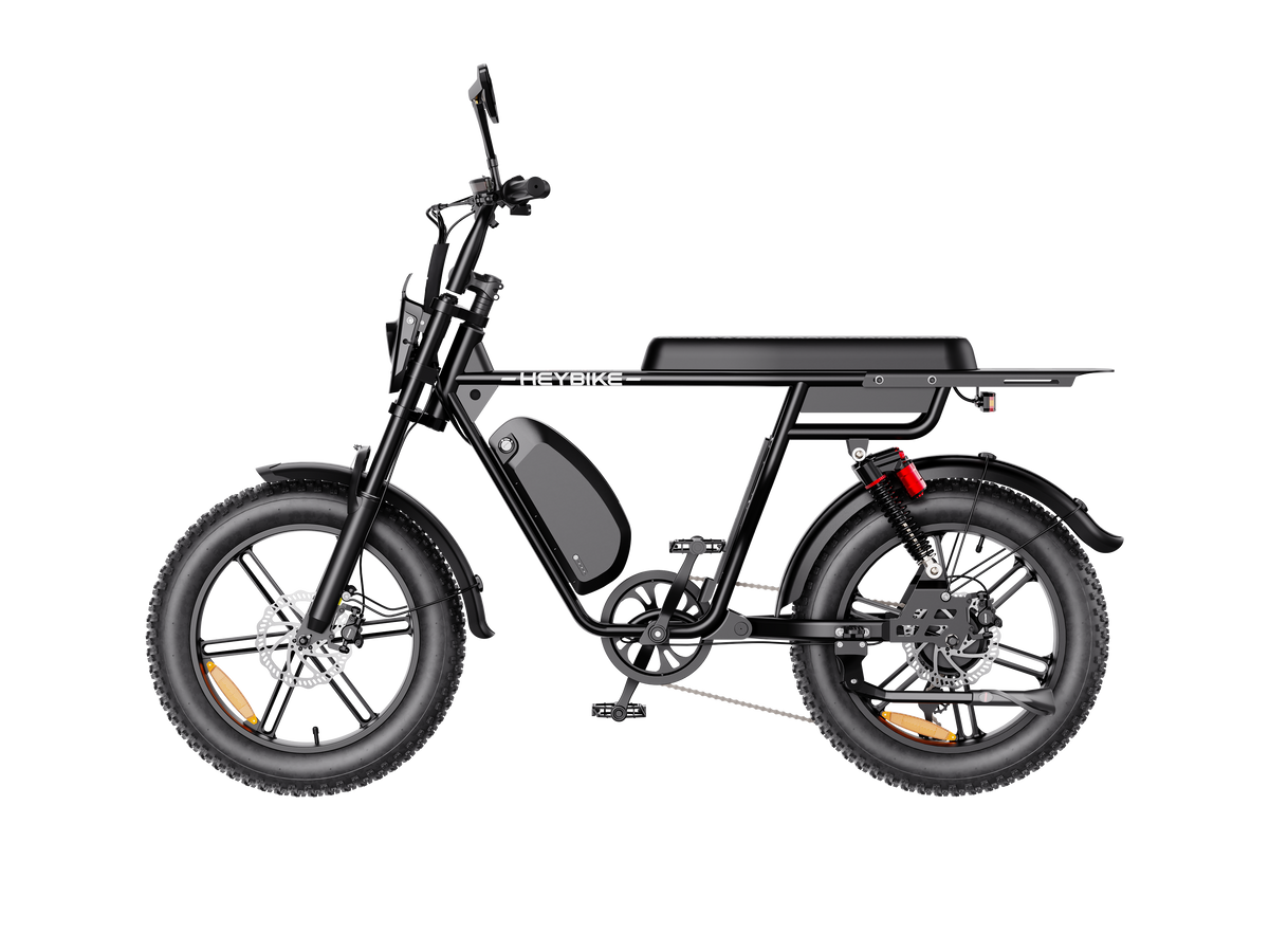 Heybike Saturn moped-style commuter e-bike: 52V 1000W continuous / 1800W peak hub motor, 95 Nm torque, single or dual-battery configuration, hydraulic disc brakes, full suspension with 140 mm front travel, turn signals, TFT color display, UL 2849 certified