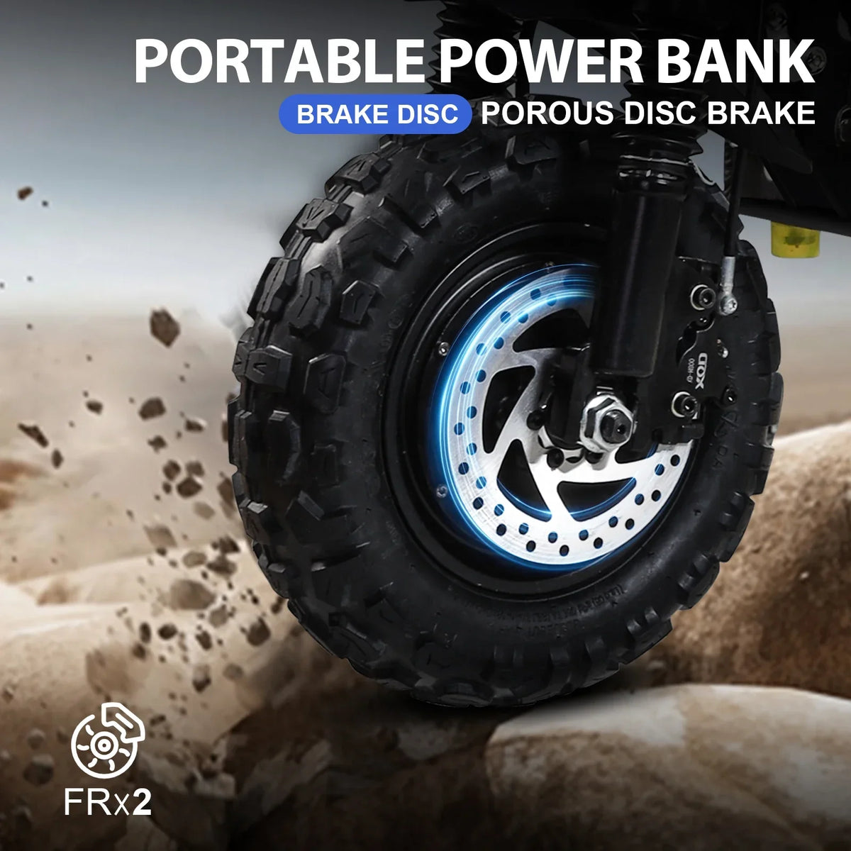 Freeboy J30 MAX front and rear suspension supplier graphic on rocky terrain