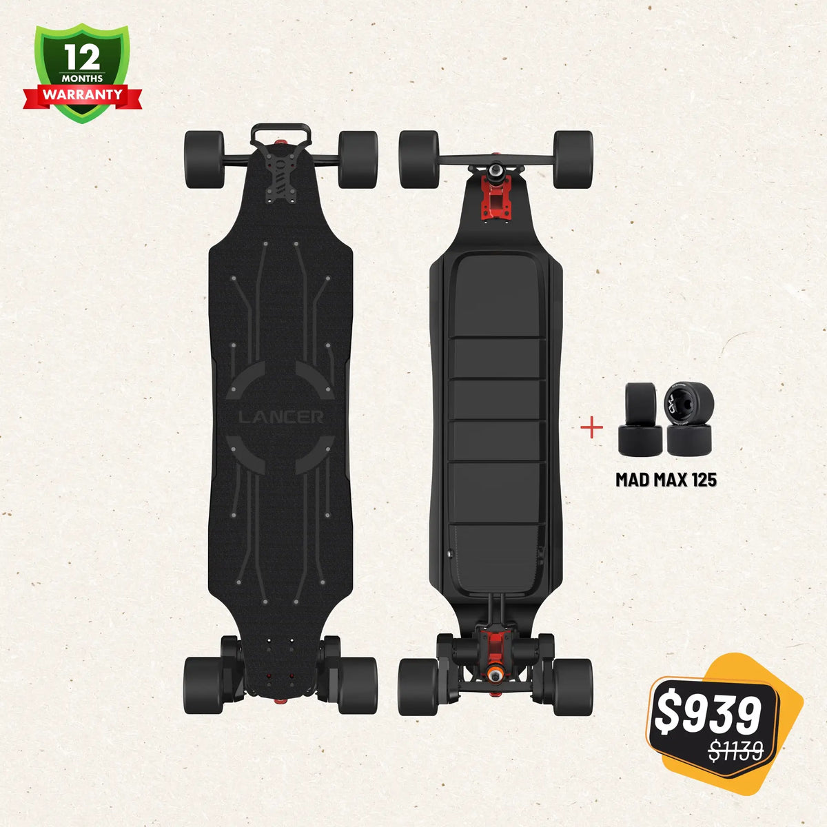 OMW Lancer electric skateboard black 105mm and 125mm 2-in-1