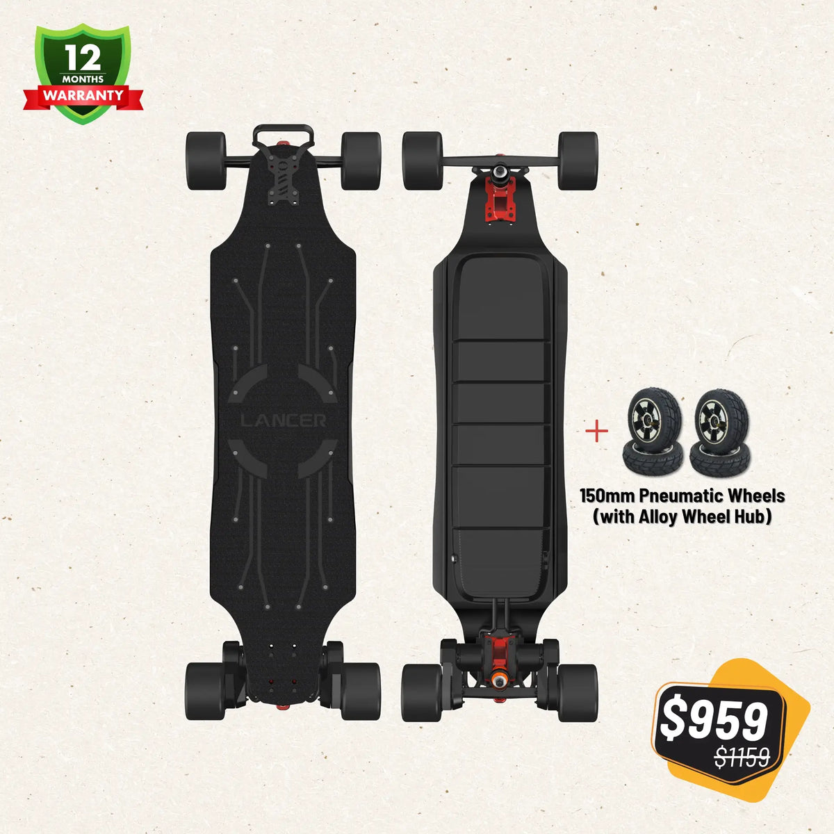 OMW Lancer electric skateboard black 105mm and 150mm 2-in-1