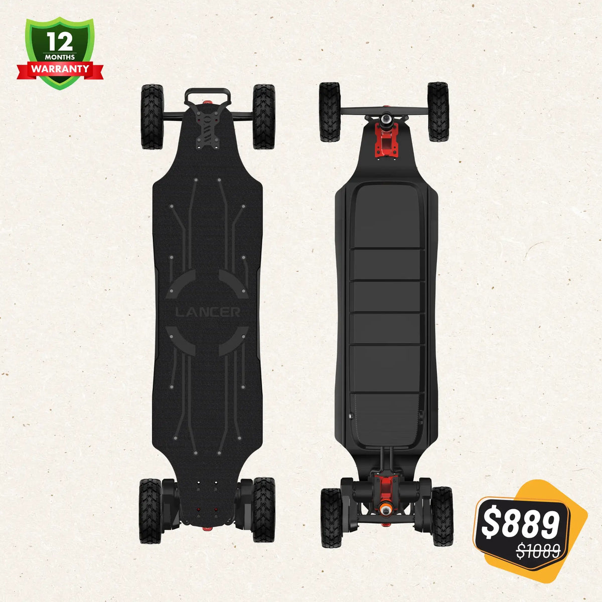 OMW Lancer electric skateboard black 150mm package
