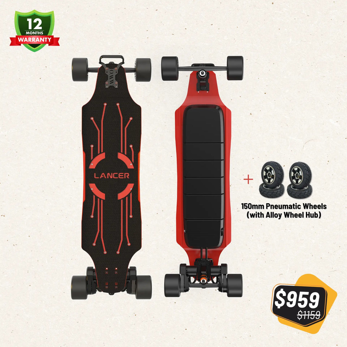 OMW Lancer electric skateboard red 105mm and 150mm 2-in-1