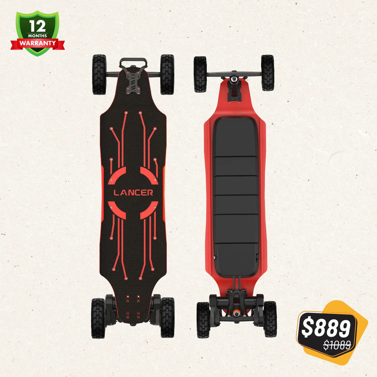 OMW Lancer electric skateboard red 150mm package