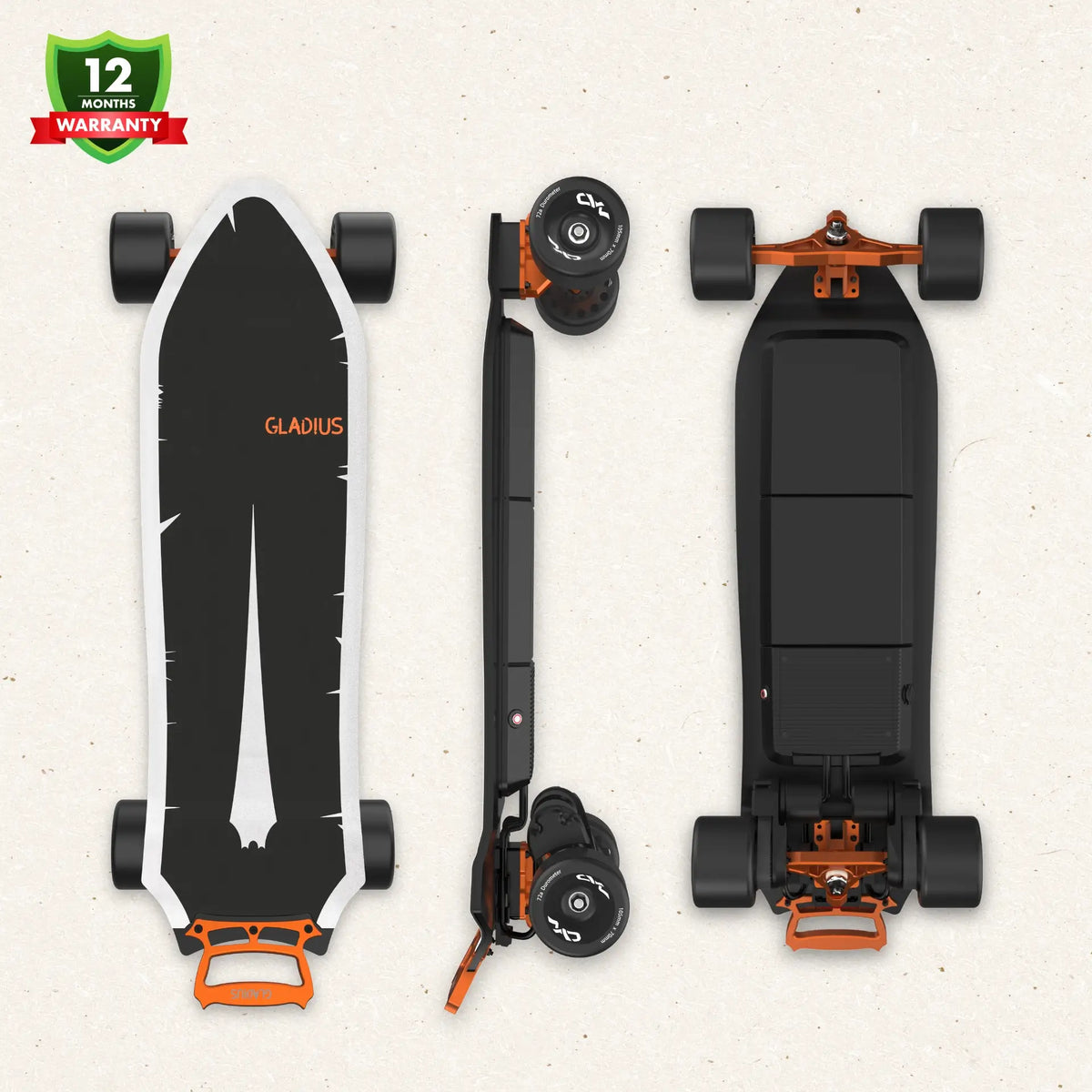 OMW Gladius electric skateboard Ember 105mm hero view