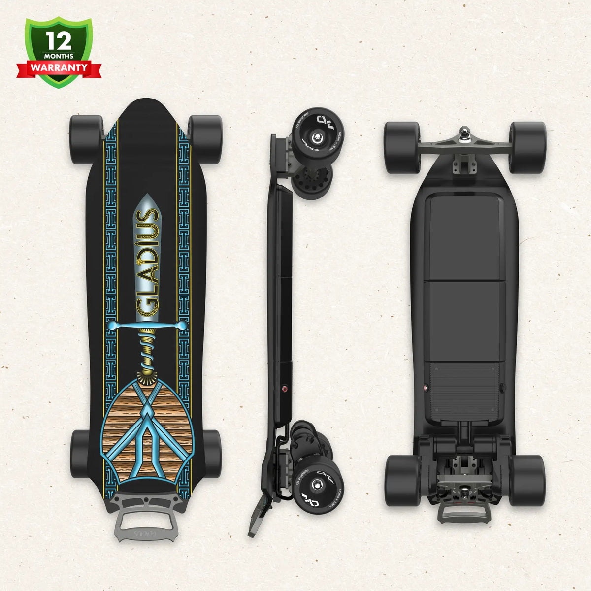 OMW Gladius electric skateboard Myth 105mm graphic