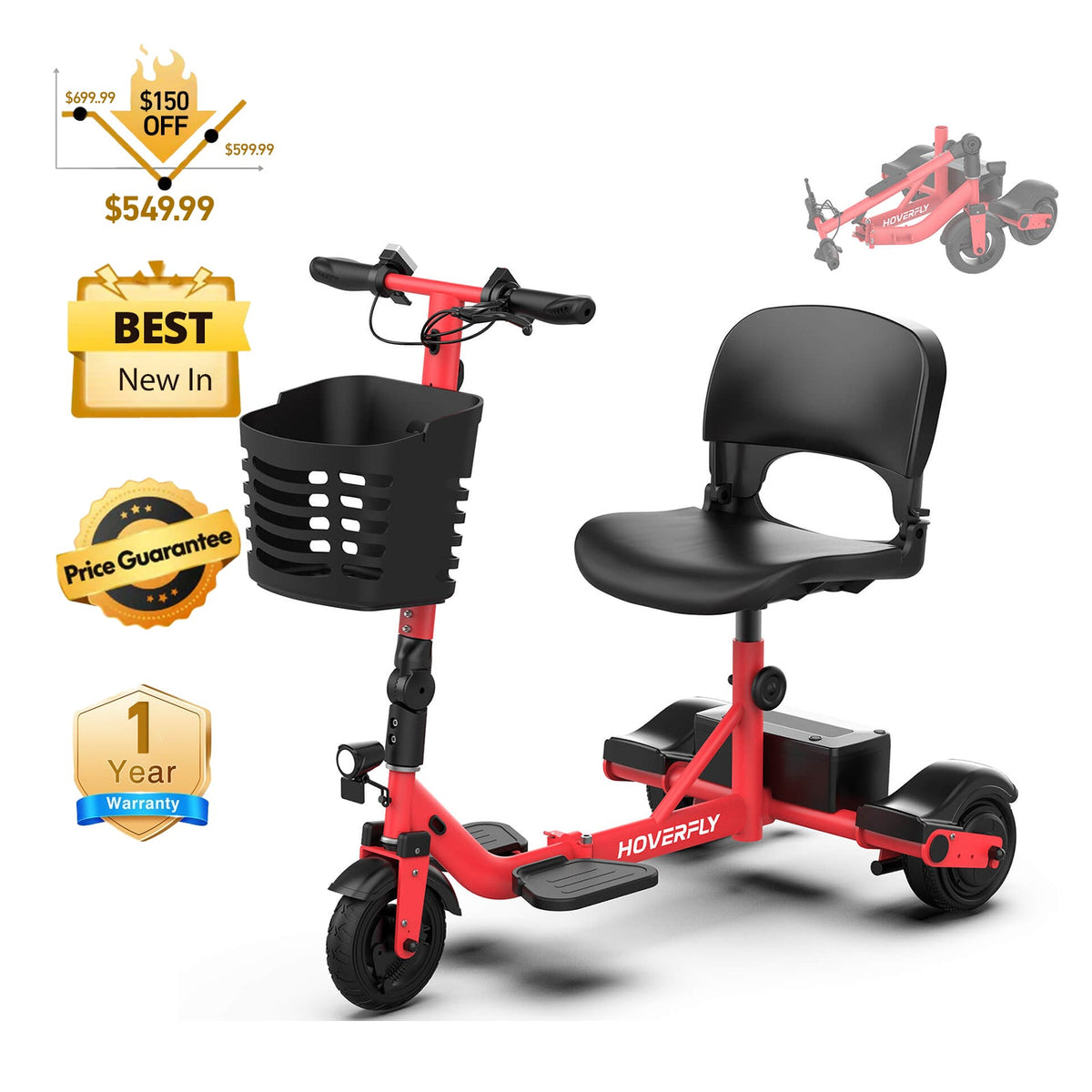 Hoverfly T3 Foldable 3-Wheel Mobility Scooter | 13-Mile Claim — alternate product view