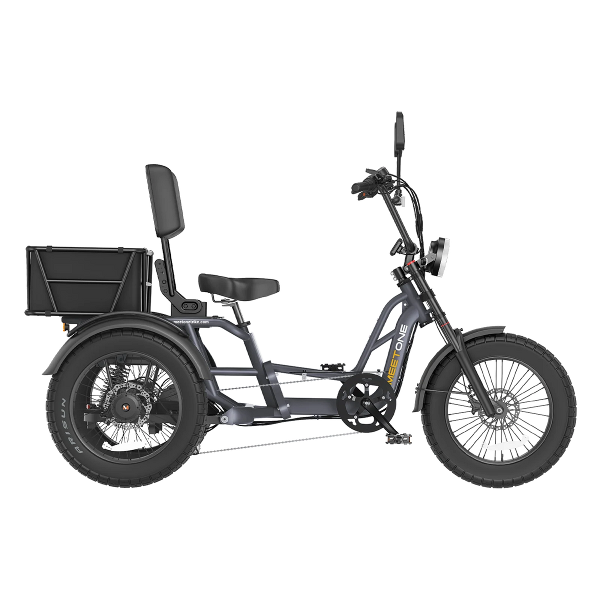 Meet One Tour Lite 2.0 full-suspension semi-recumbent electric trike with 750W rear motor, 48V 20Ah LG battery (with optional dual-battery upgrade), triple hydraulic disc brakes on all three wheels, 20 by 4.0 inch all-terrain fat tires, reinforced one-piece 6061 aluminum frame, large backrest seat, rear cargo basket, Yolin color LCD display, integrated lighting with brake-light integration, reverse mode, parking brake, 550 lb maximum load capacity, UL 2271 and UL 2849 certified by SGS