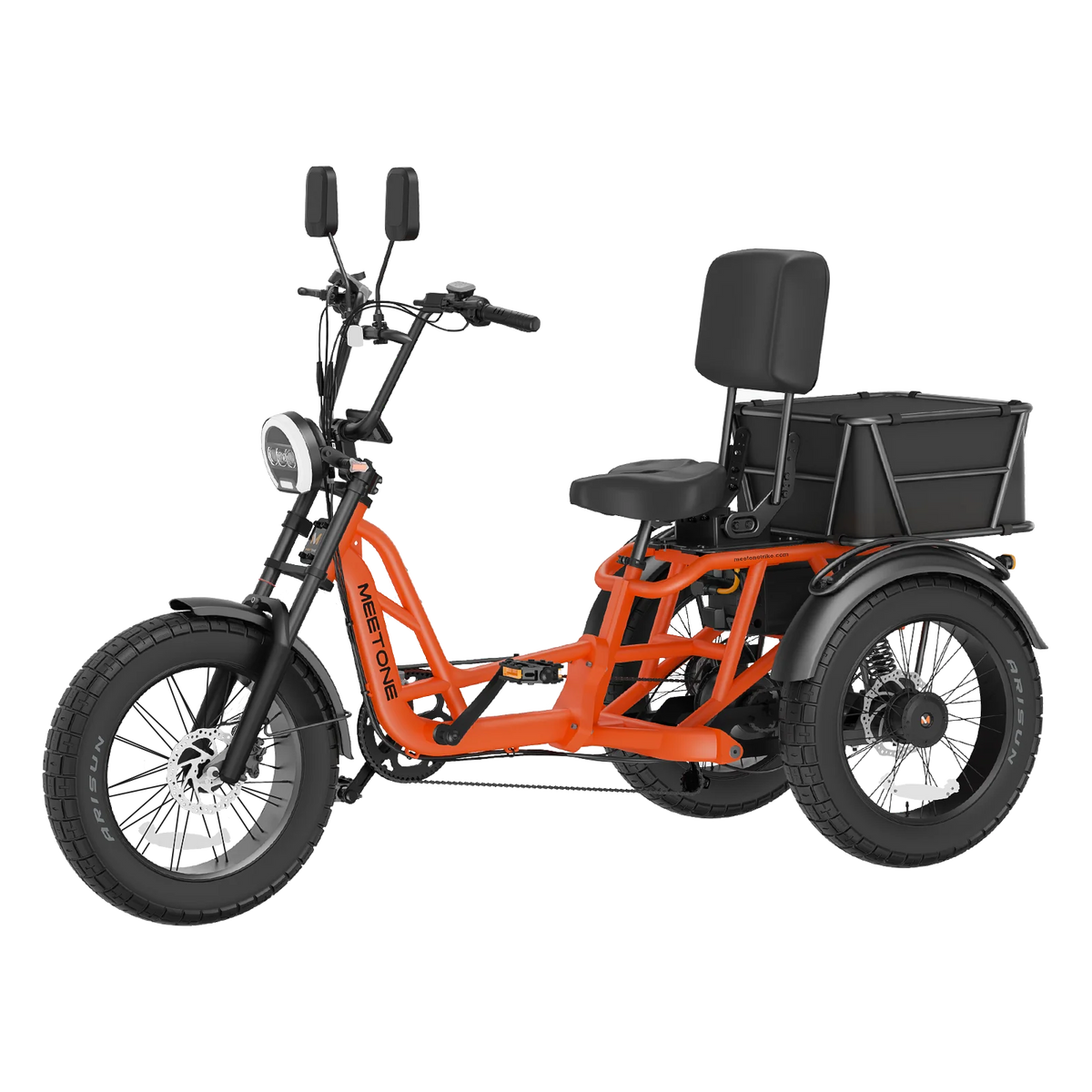 Meet One Tour Lite 2.0 full-suspension semi-recumbent electric trike with 750W rear motor, 48V 20Ah LG battery (with optional dual-battery upgrade), triple hydraulic disc brakes on all three wheels, 20 by 4.0 inch all-terrain fat tires, reinforced one-piece 6061 aluminum frame, large backrest seat, rear cargo basket, Yolin color LCD display, integrated lighting with brake-light integration, reverse mode, parking brake, 550 lb maximum load capacity, UL 2271 and UL 2849 certified by SGS