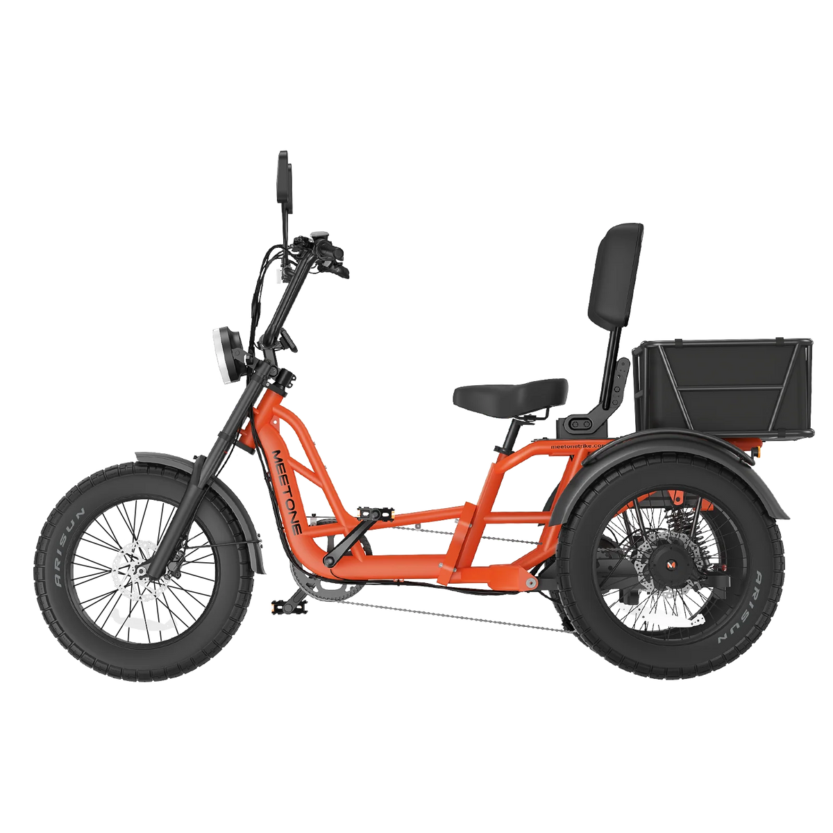 Meet One Tour Lite 2.0 full-suspension semi-recumbent electric trike with 750W rear motor, 48V 20Ah LG battery (with optional dual-battery upgrade), triple hydraulic disc brakes on all three wheels, 20 by 4.0 inch all-terrain fat tires, reinforced one-piece 6061 aluminum frame, large backrest seat, rear cargo basket, Yolin color LCD display, integrated lighting with brake-light integration, reverse mode, parking brake, 550 lb maximum load capacity, UL 2271 and UL 2849 certified by SGS
