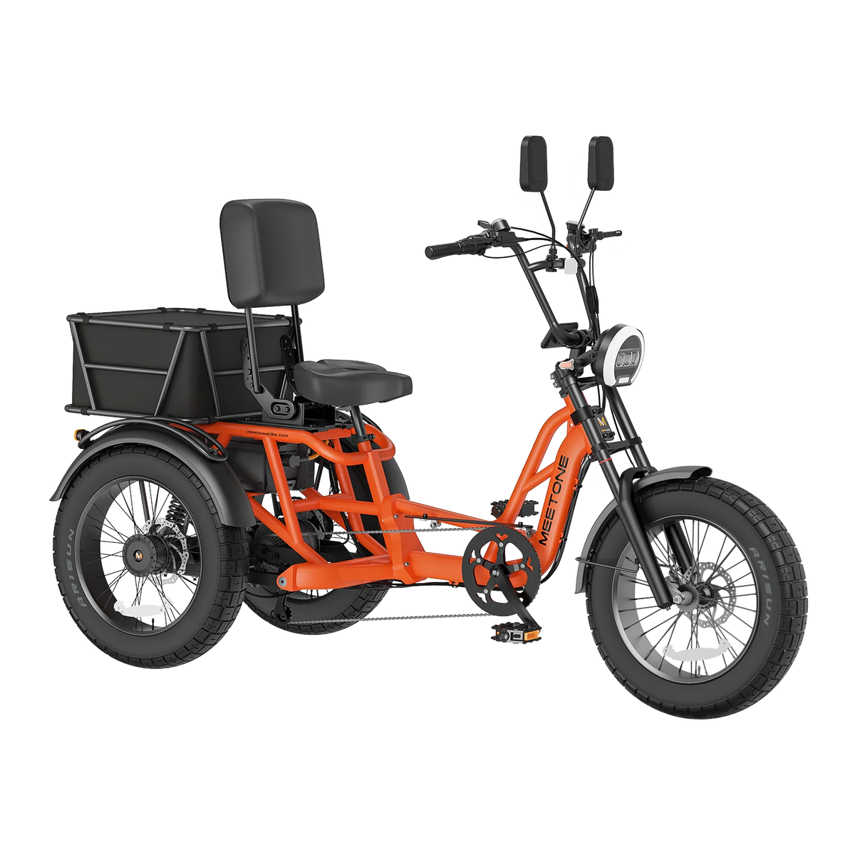 Meet One Tour Lite 2.0 full-suspension semi-recumbent electric trike with 750W rear motor, 48V 20Ah LG battery (with optional dual-battery upgrade), triple hydraulic disc brakes on all three wheels, 20 by 4.0 inch all-terrain fat tires, reinforced one-piece 6061 aluminum frame, large backrest seat, rear cargo basket, Yolin color LCD display, integrated lighting with brake-light integration, reverse mode, parking brake, 550 lb maximum load capacity, UL 2271 and UL 2849 certified by SGS