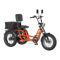 Meet One Tour Lite 2.0 full-suspension semi-recumbent electric trike with 750W rear motor, 48V 20Ah LG battery (with optional dual-battery upgrade), triple hydraulic disc brakes on all three wheels, 20 by 4.0 inch all-terrain fat tires, reinforced one-piece 6061 aluminum frame, large backrest seat, rear cargo basket, Yolin color LCD display, integrated lighting with brake-light integration, reverse mode, parking brake, 550 lb maximum load capacity, UL 2271 and UL 2849 certified by SGS