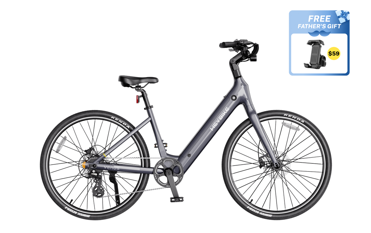 Heybike Venus lightweight step-thru cruiser electric bike: 750W Galaxy hub motor (1400W peak), 70 Nm torque, 28 mph Class 2/3 switchable, 27.5x2.2 Kenda road tires, aluminum-alloy low-step frame, Shimano Altus 8-speed, hydraulic discs, UL 2849 + UL 2271