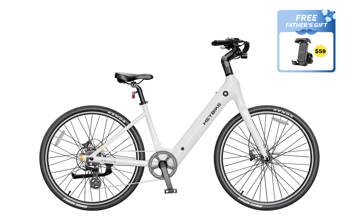 Heybike Venus lightweight step-thru cruiser electric bike: 750W Galaxy hub motor (1400W peak), 70 Nm torque, 28 mph Class 2/3 switchable, 27.5x2.2 Kenda road tires, aluminum-alloy low-step frame, Shimano Altus 8-speed, hydraulic discs, UL 2849 + UL 2271