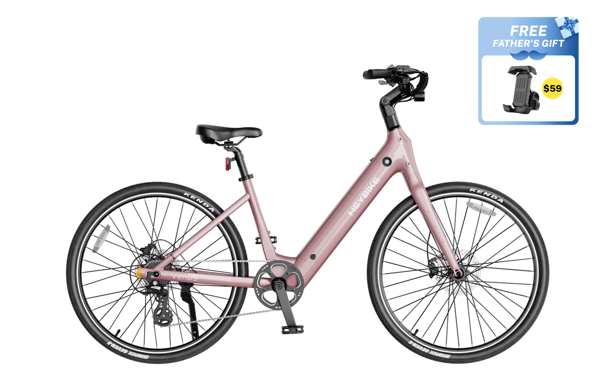 Heybike Venus lightweight step-thru cruiser electric bike: 750W Galaxy hub motor (1400W peak), 70 Nm torque, 28 mph Class 2/3 switchable, 27.5x2.2 Kenda road tires, aluminum-alloy low-step frame, Shimano Altus 8-speed, hydraulic discs, UL 2849 + UL 2271