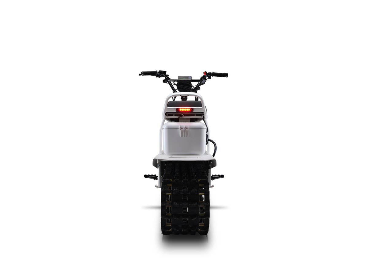 White Moonbike rear view showing the rear track.