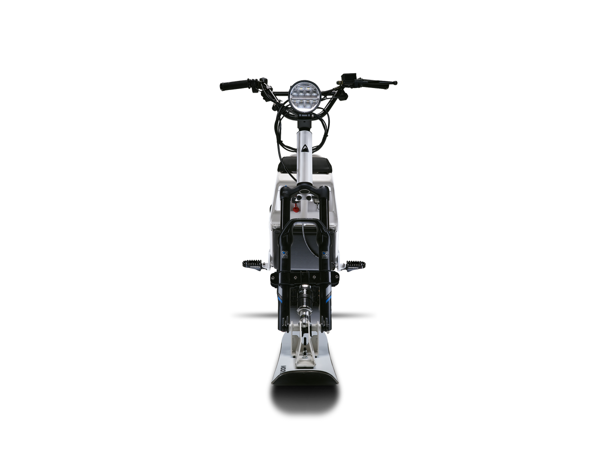 White Moonbike front view showing the front ski.