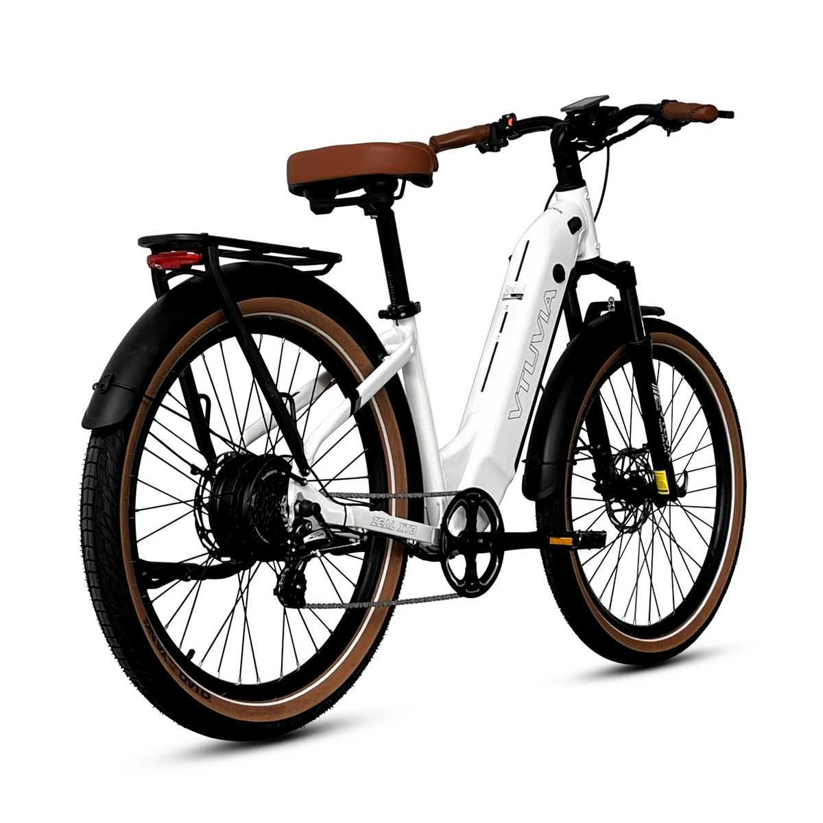 VTUVIA Zeal XT8 commuter electric bike in glacier white, rear angle
