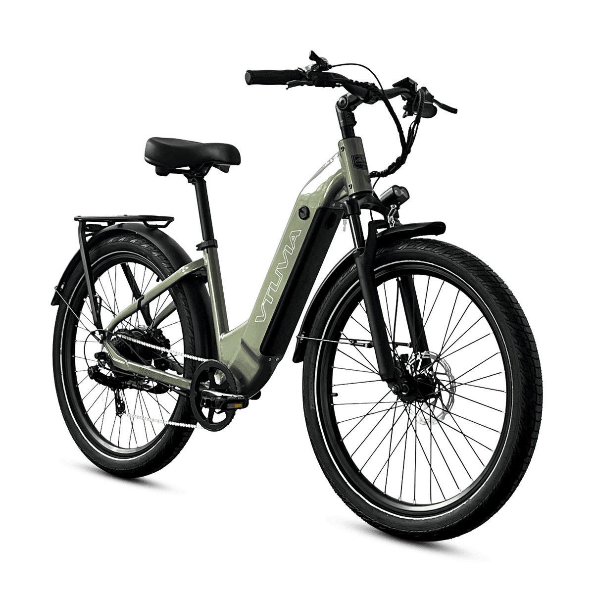 VTUVIA Zeal LT7 olive green city commuter bike with seven-speed rear drivetrain