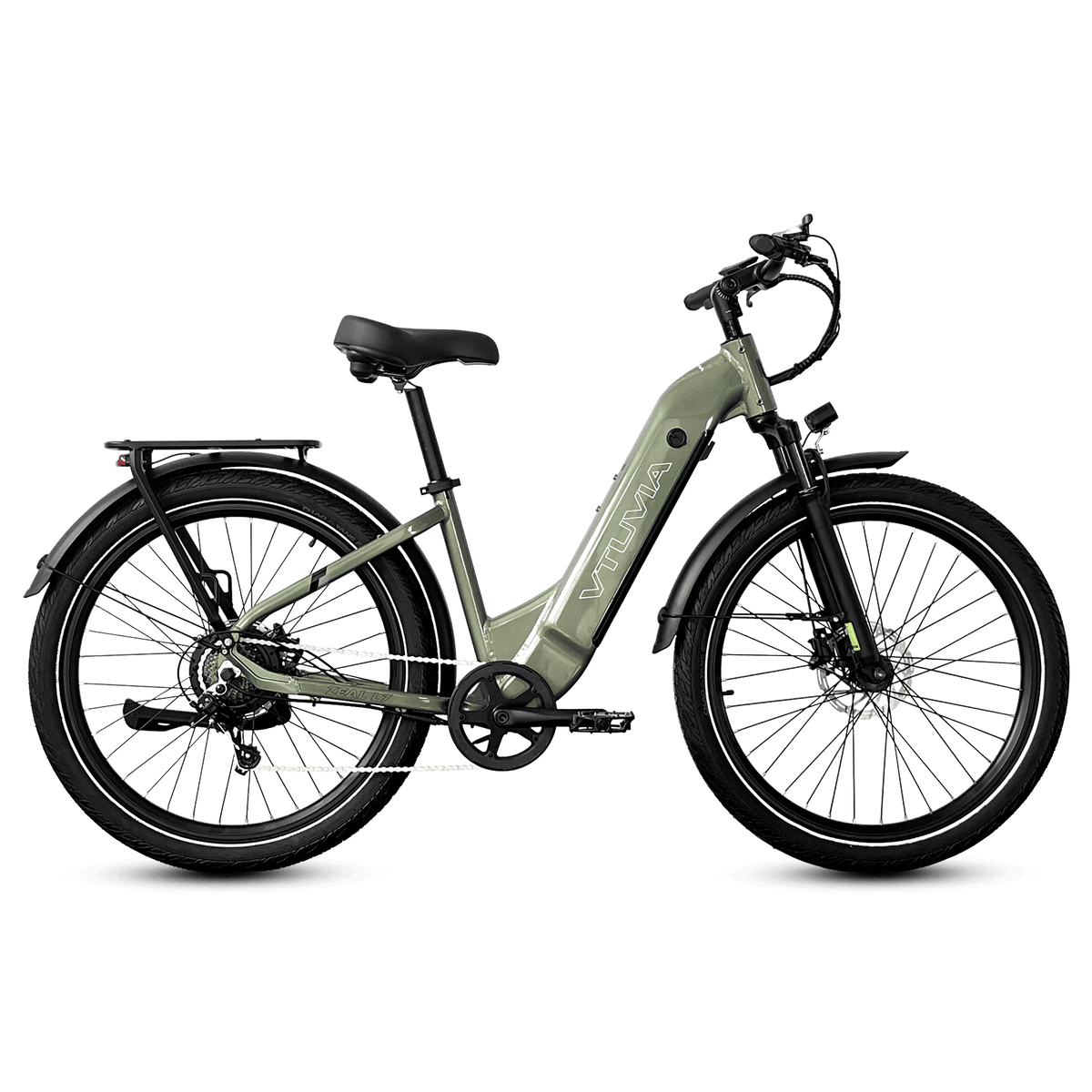 Olive green VTUVIA Zeal LT7 with Shimano drivetrain, fenders, and rear rack