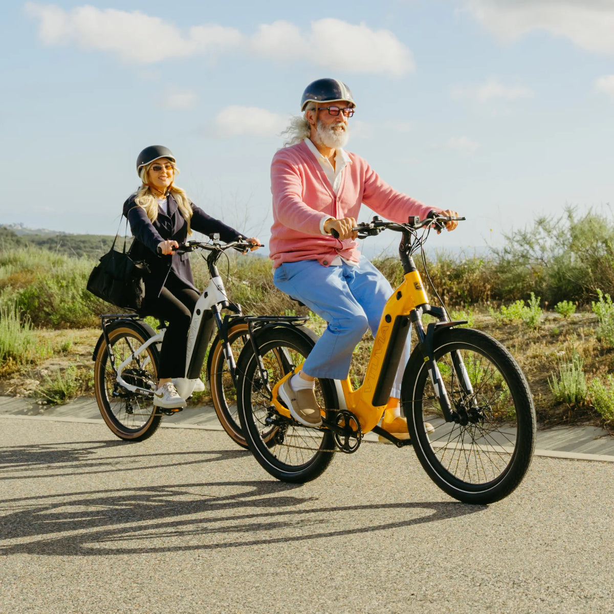 VTUVIA Zeal LT7 rider and yellow bike with upright fit and front suspension visible