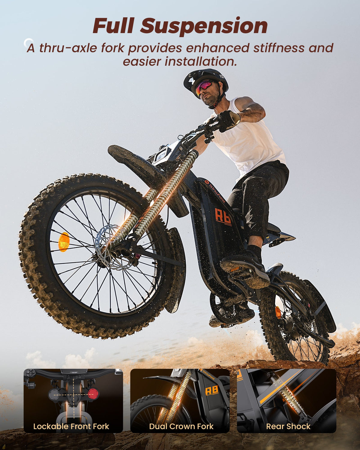 isinwheel R8 suspension graphic showing the dual crown front fork, rear shock, and rider lifting the front wheel.