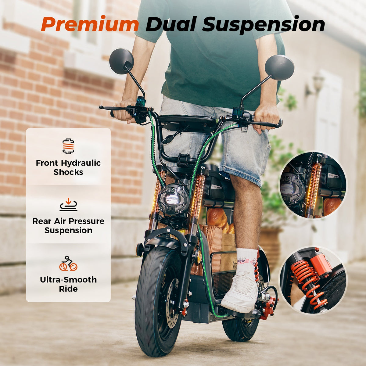 iScooter DX5 non-folding 15-inch tubeless-tire touring electric scooter: 1500W peak rear-wheel-drive motor, 35 mph top speed, 749Wh battery, front hydraulic shocks plus air-pressure rear suspension, hydraulic disc brakes plus E-ABS, turn lights, 101.2 lb net weight, 330 lb max load