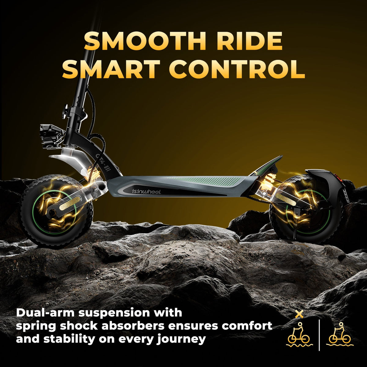 GT4 dual swingarm suspension and spring shock absorbers on rocky ground