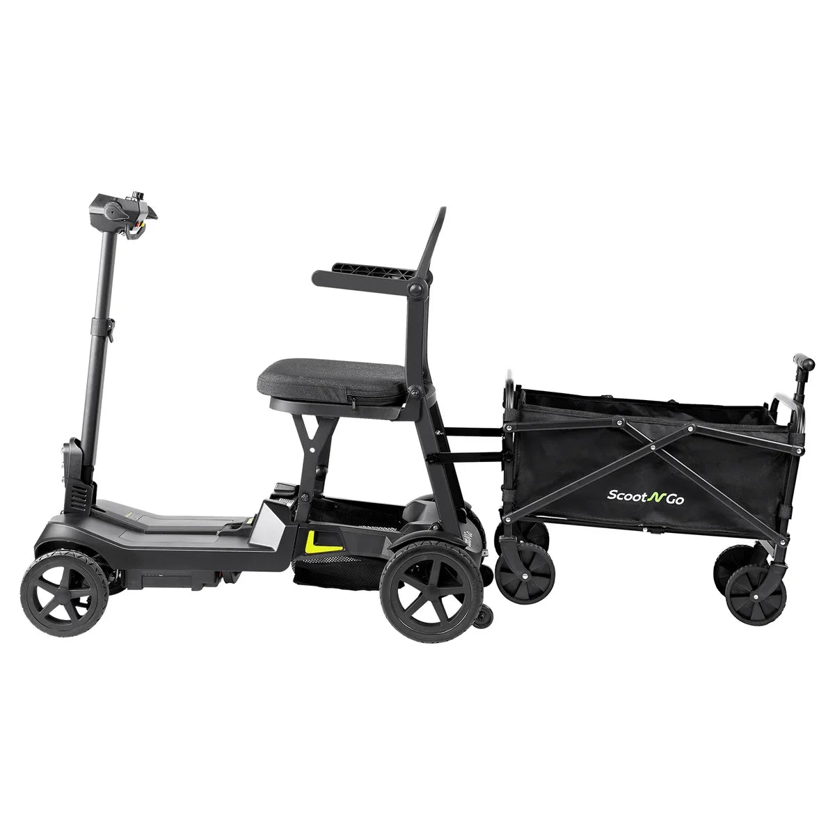 ScootNGo Lite black mobility scooter with yellow accents attached to cargo wagon