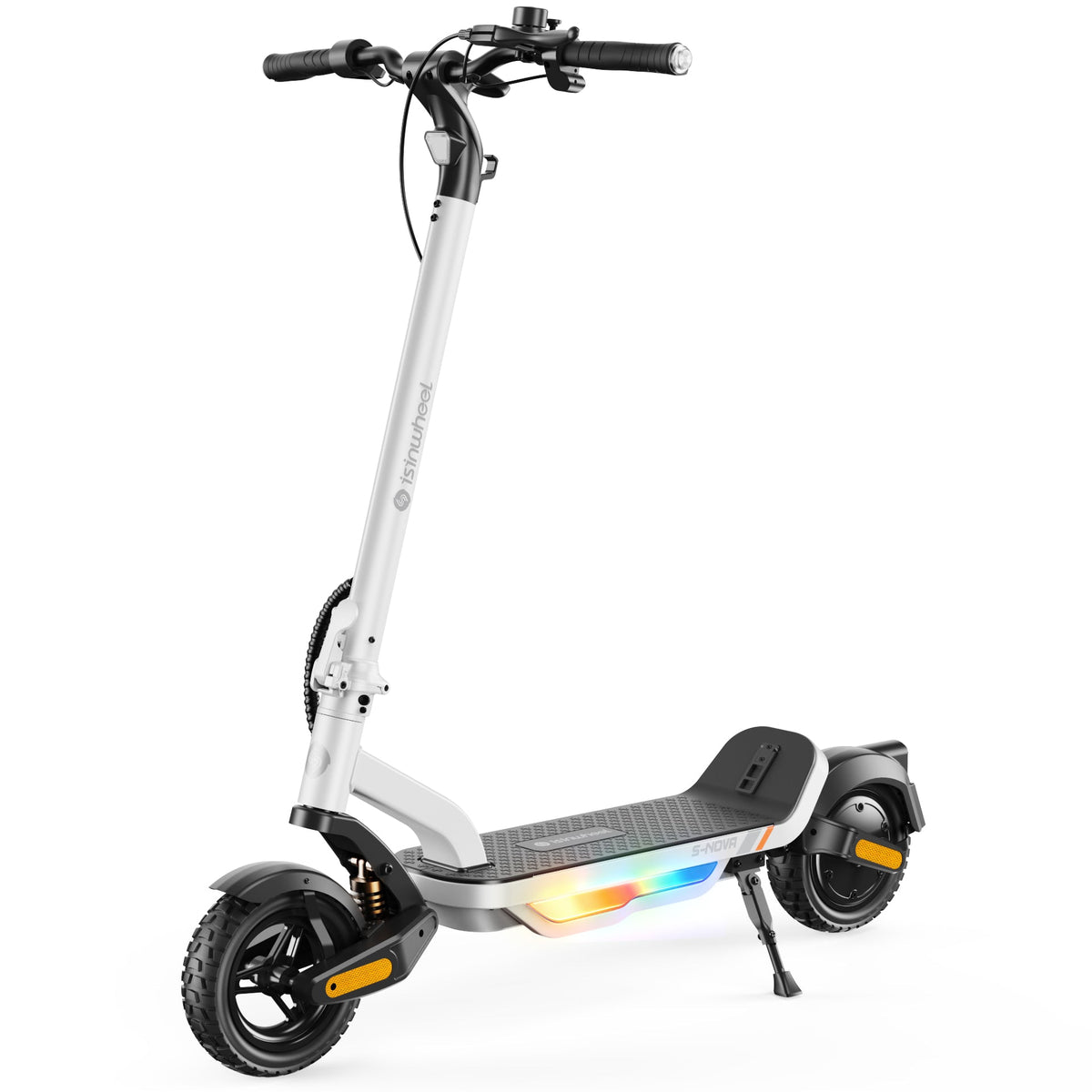 White isinwheel S Nova standard commuter electric scooter with multi-color ambient deck lighting and 8.5-inch pneumatic tires, shown in front three-quarter studio view