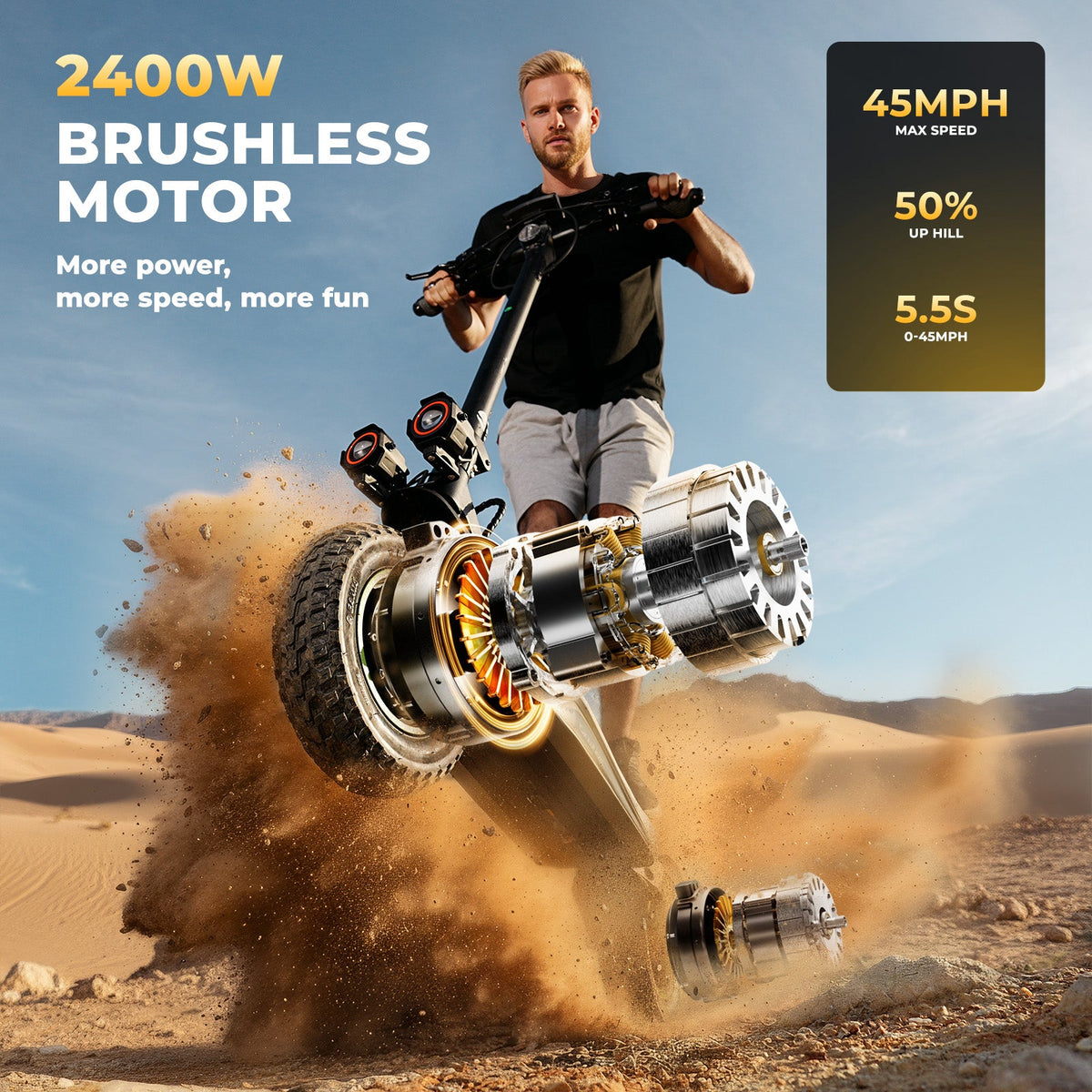 GT4 performance graphic with 2400W motor, 45 mph, 50 percent climb, and acceleration claims