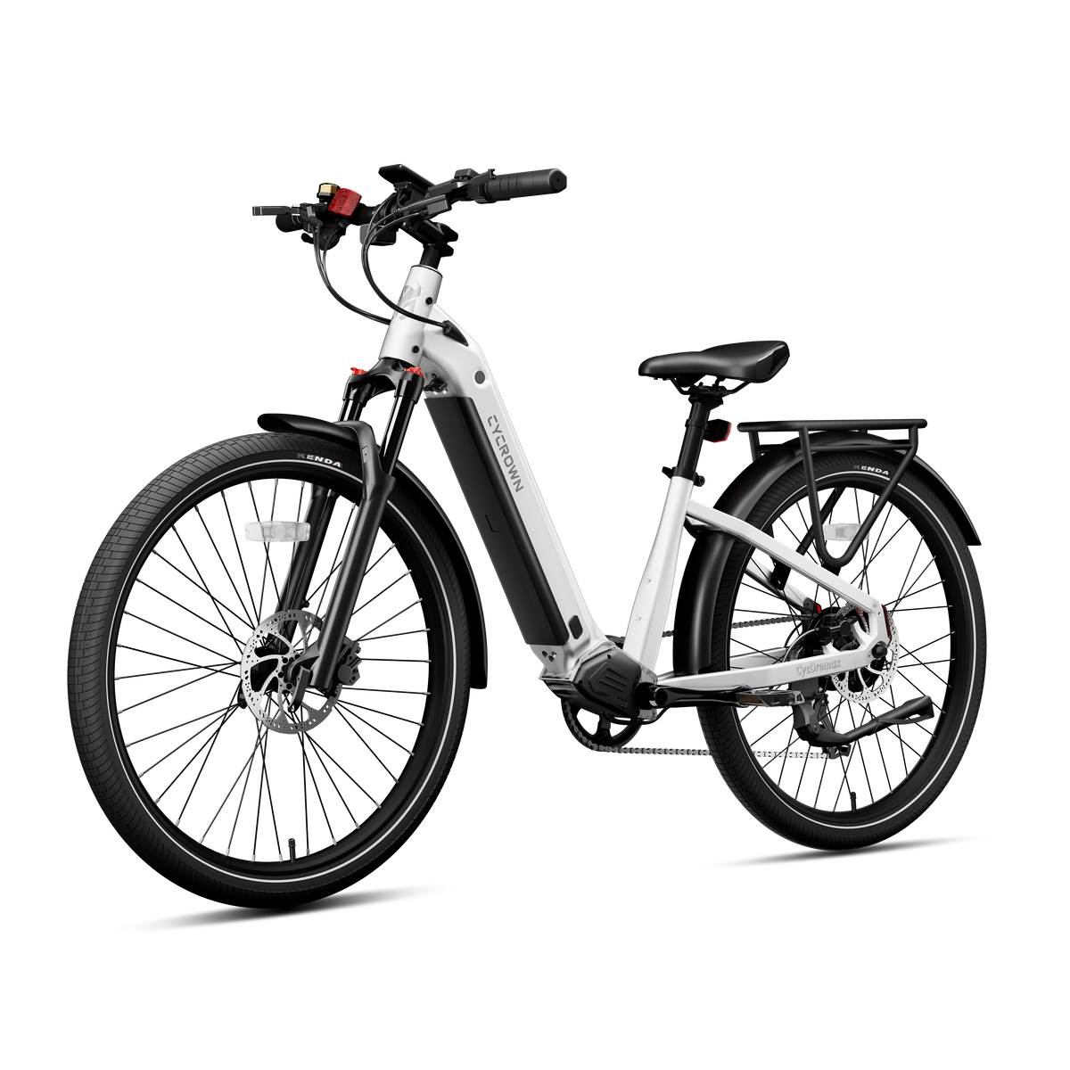 Front three-quarter studio view of the lunar white Dremax with 27.5 inch commuter tires.