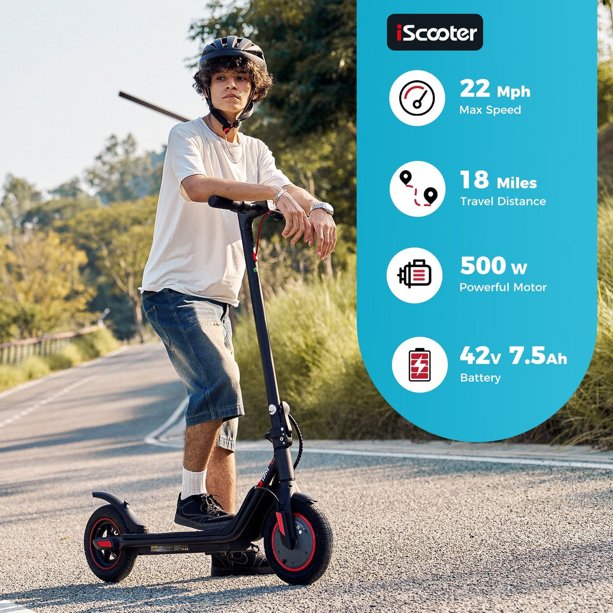 iScooter i9M sub-budget folding commuter electric scooter: 42V peak 500W brushless front-wheel-drive motor, 22 mph, 315Wh battery, 10-inch pneumatic tires, EBAS plus rear disc brake, IP54, Tuya app integration, included mudguards, 28.9 lb folded