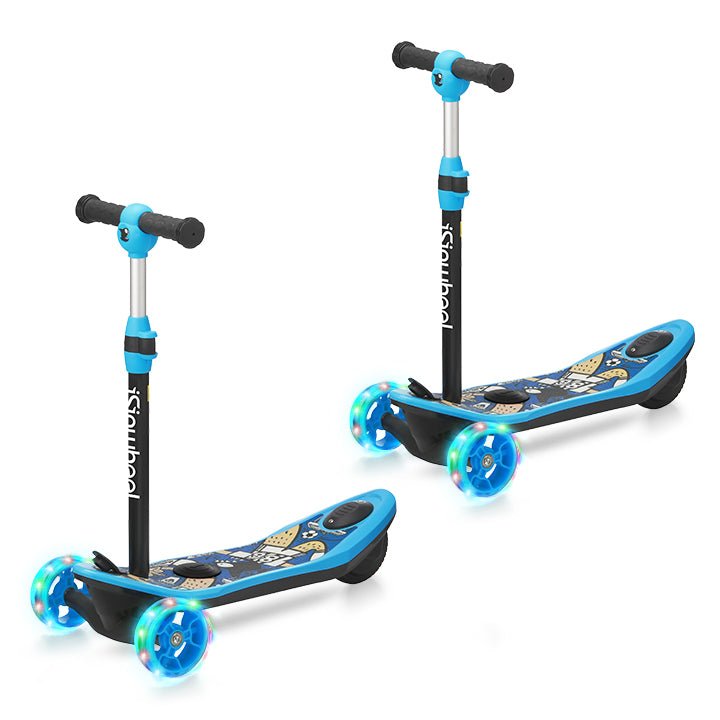 isinwheel Long Range 3-wheel kids electric scooter shown with the multi-color LED flashing wheels and the cartoon deck graphic, available in pink or blue with sibling-pair combo options