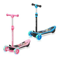 isinwheel Long Range 3-wheel kids electric scooter shown with the multi-color LED flashing wheels and the cartoon deck graphic, available in pink or blue with sibling-pair combo options