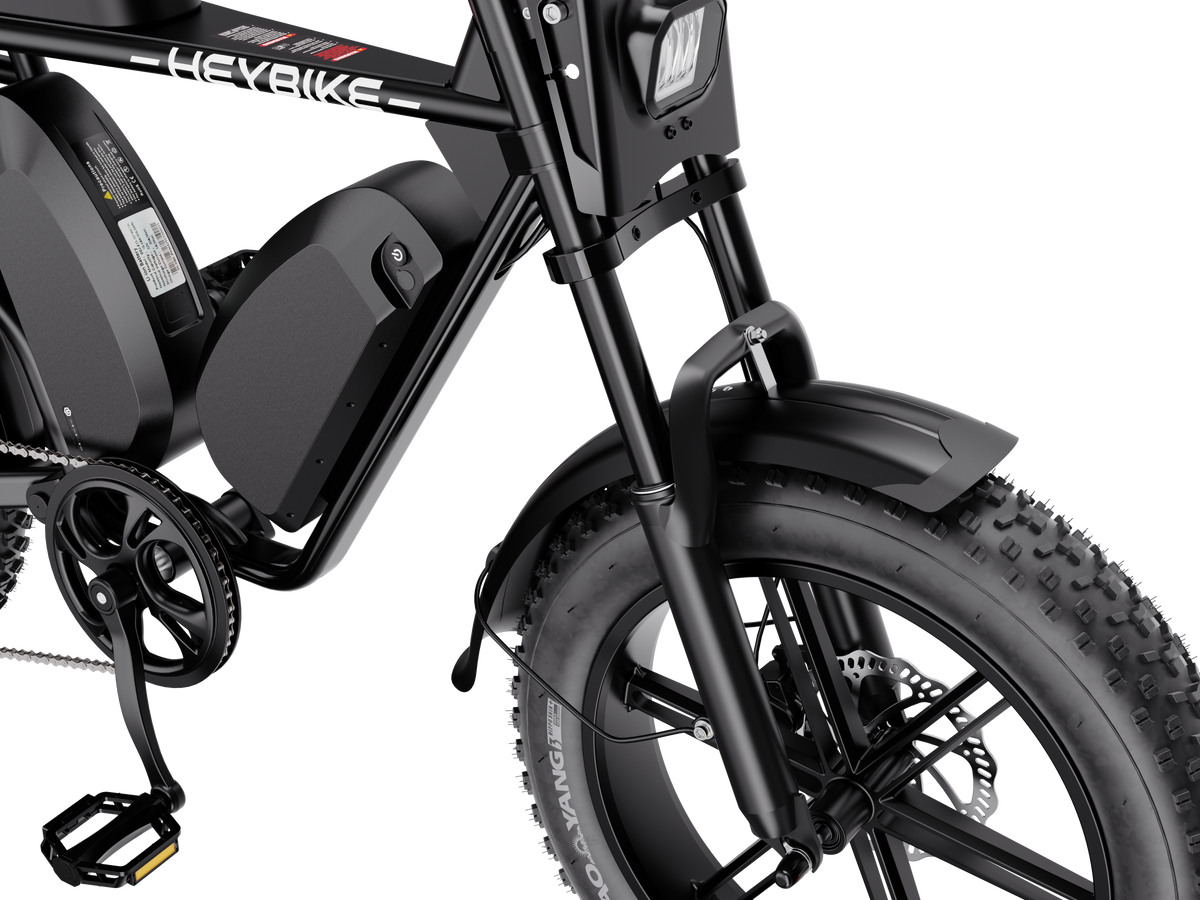 Heybike Saturn moped-style commuter e-bike: 52V 1000W continuous / 1800W peak hub motor, 95 Nm torque, single or dual-battery configuration, hydraulic disc brakes, full suspension with 140 mm front travel, turn signals, TFT color display, UL 2849 certified
