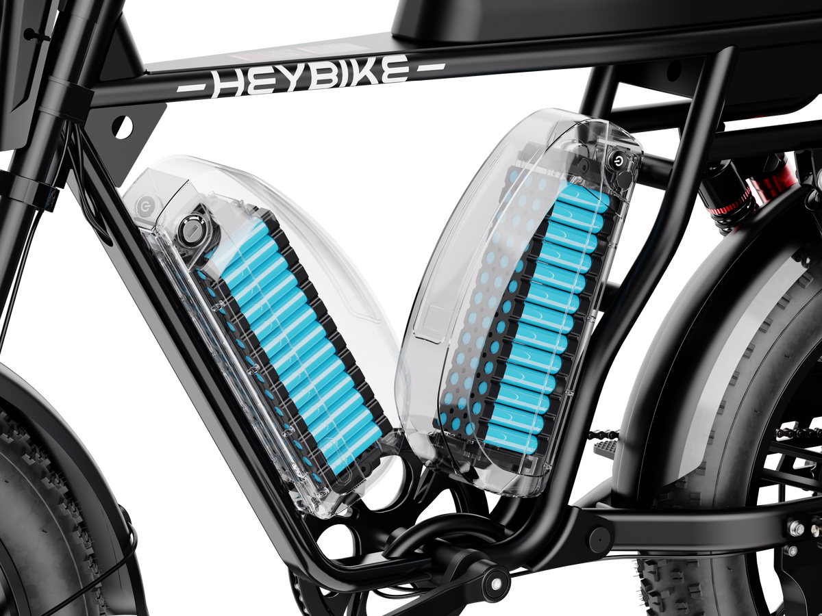 Heybike Saturn moped-style commuter e-bike: 52V 1000W continuous / 1800W peak hub motor, 95 Nm torque, single or dual-battery configuration, hydraulic disc brakes, full suspension with 140 mm front travel, turn signals, TFT color display, UL 2849 certified