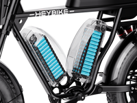 Heybike Saturn moped-style commuter e-bike: 52V 1000W continuous / 1800W peak hub motor, 95 Nm torque, single or dual-battery configuration, hydraulic disc brakes, full suspension with 140 mm front travel, turn signals, TFT color display, UL 2849 certified
