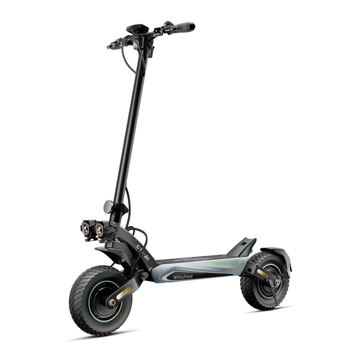 Front three-quarter view of the gray isinwheel GT4 electric scooter on a white background