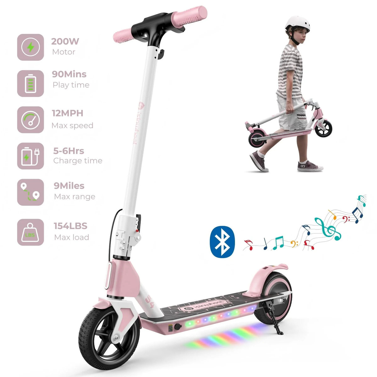 Pink isinwheel S4 kids scooter with rider, Bluetooth audio, and LED deck lights