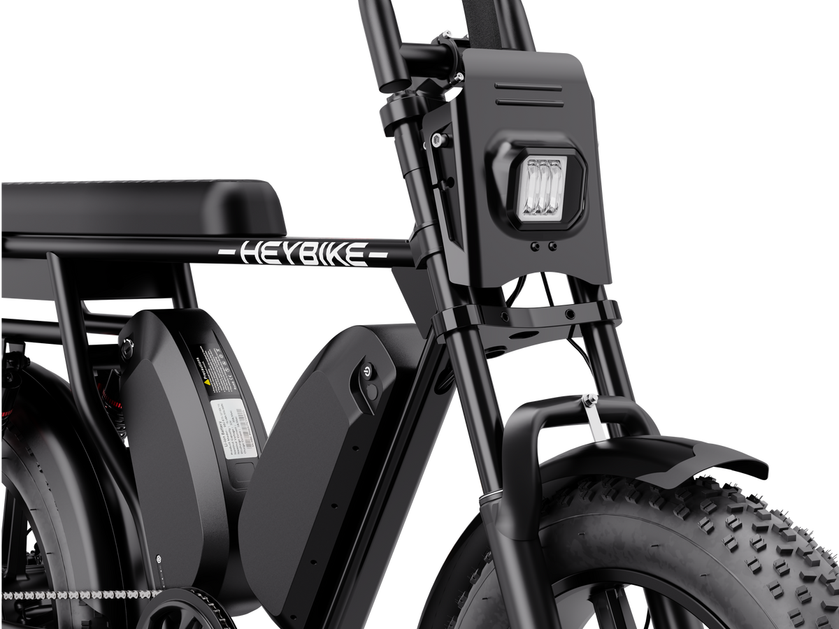 Heybike Saturn moped-style commuter e-bike: 52V 1000W continuous / 1800W peak hub motor, 95 Nm torque, single or dual-battery configuration, hydraulic disc brakes, full suspension with 140 mm front travel, turn signals, TFT color display, UL 2849 certified